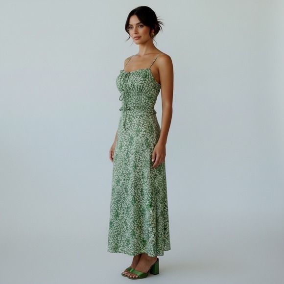 Astr Dresses & Skirts - ASTR The Label Green Floral Print Maxi Dress Lace Up Back Coquette Cottage Retro